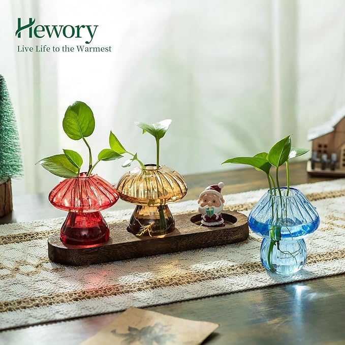 Terrariums Set of 3 Mushroom Glass Propagation Vases with Wooden Tray