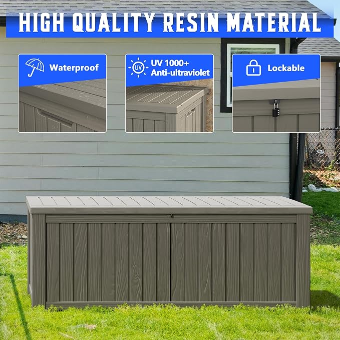 Deck Box, Grey Resin Outdoor Storage with Lockable Lid