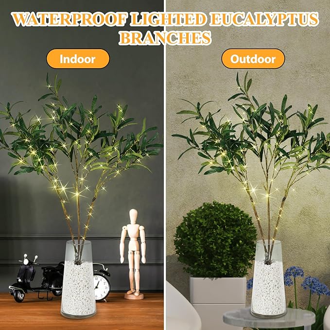 Artificial Olive Branch Greenery, 99 Warm White LEDs, 33-Inch