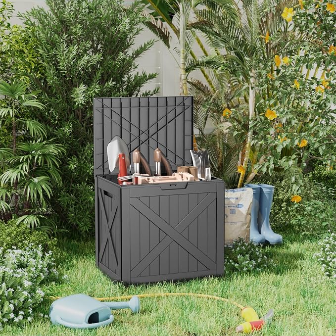 Black Resin Deck Box, 32 Gallon Waterproof Lockable Storage