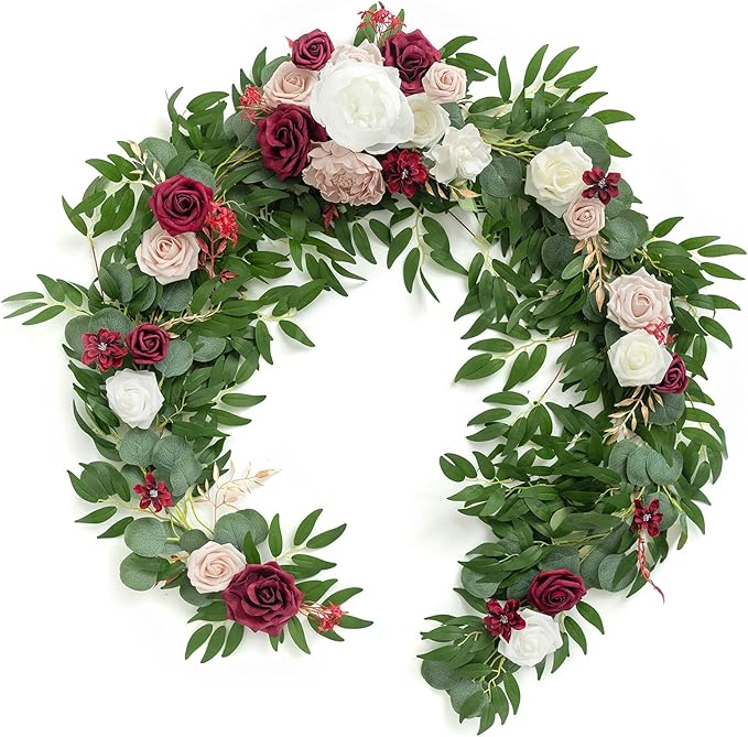Artificial Flower Garland, 6 Ft Eucalyptus Willow Leaf in Marsala and Blush