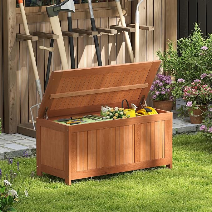 Deck Box, 58 Gallon Brown Solid Wood Patio Storage Bench