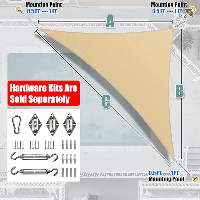 Amgo Custom Size 11' x 19' x 22' Beige Right Triangle Sun Shade Sail Order to - Image 7
