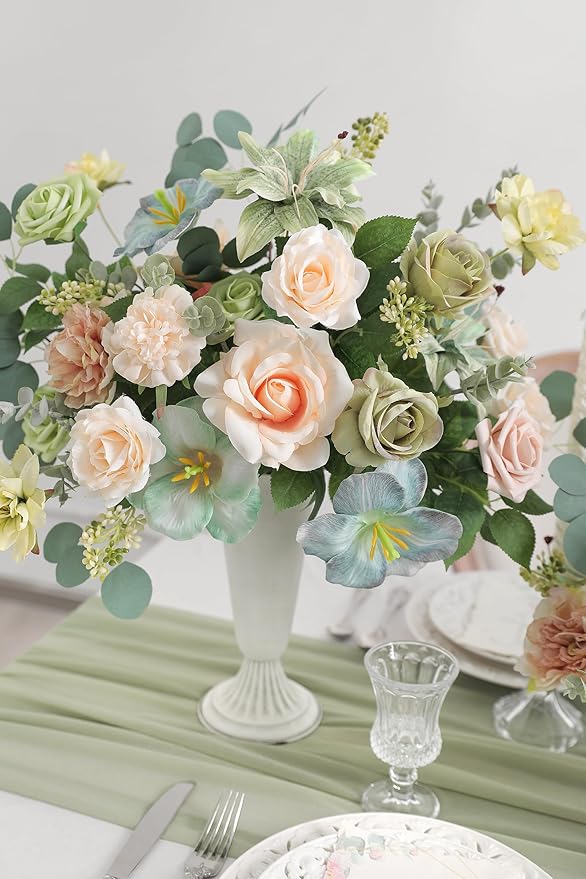 Artificial Flowers Mixed Silk Bundle, Dahlia Rose Lily and Tulip Blooms
