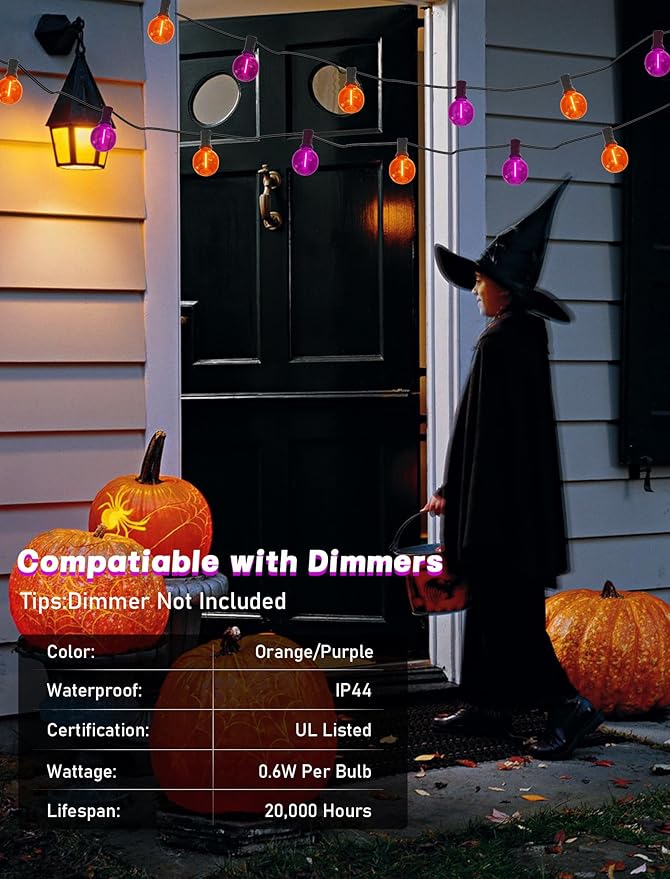 String Lights 25 ft G40 LED Halloween Globe, Orange and Purple