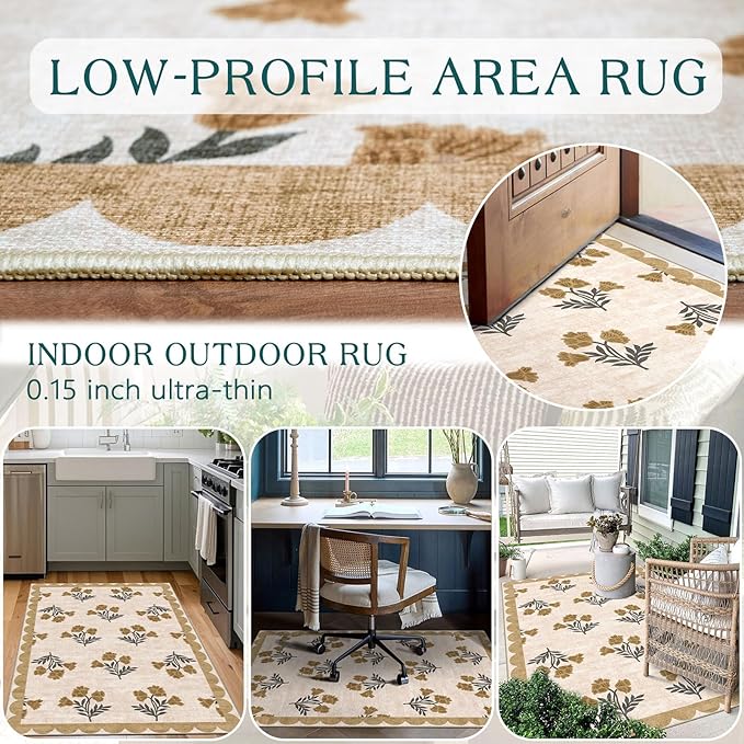 Outdoor Rug, 3x5 Beige Floral Entry Mat, Machine Washable