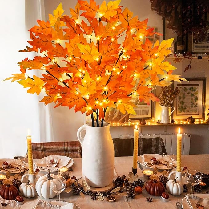 Artificial Fall Maple Leaf Branches, 3 Pcs Lighted Orange Stems with Timer