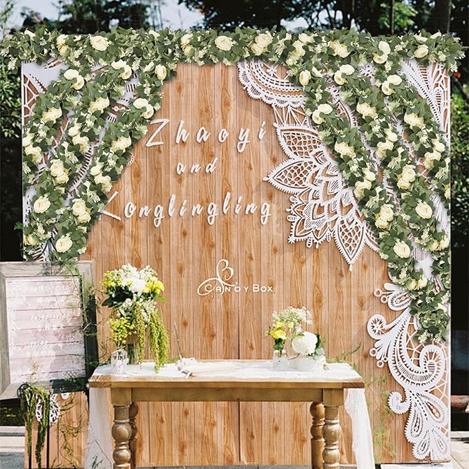 Artificial Eucalyptus Garland with Champagne Roses, 2 Pack