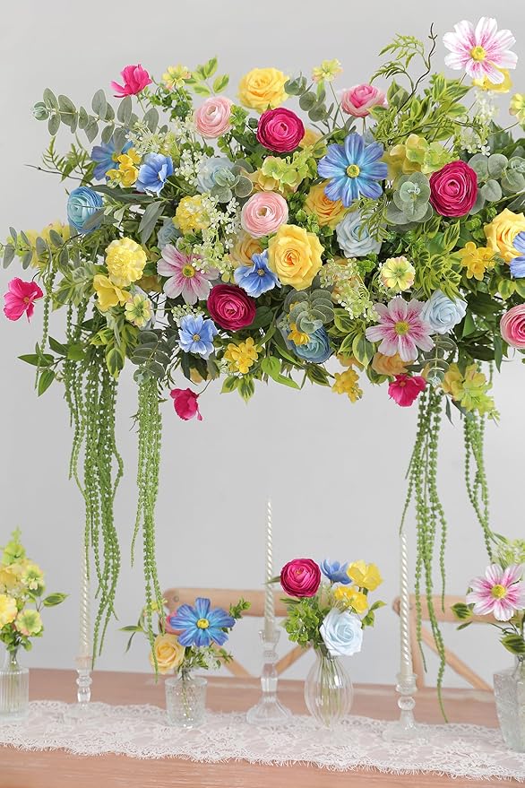 Artificial Flowers Bulk Set, 25 Rainbow Heads with 30 Stems and 13 Leaves