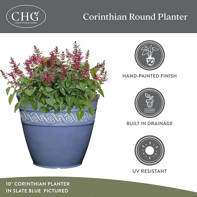 Classic Home and Garden Corinthian Round Resin Flower Planter Pot, Slate Blue 8" - Image 4