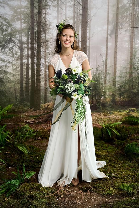 Artificial Flowers Forest Green Cascading Bridal Bouquet, 13 Inch Silk