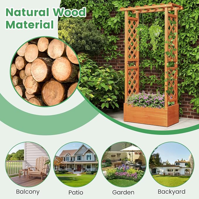 Giantex Raised Garden Bed with 2-Sided Trellis & Hanging Roof, Fir Wood Planter - Image 3