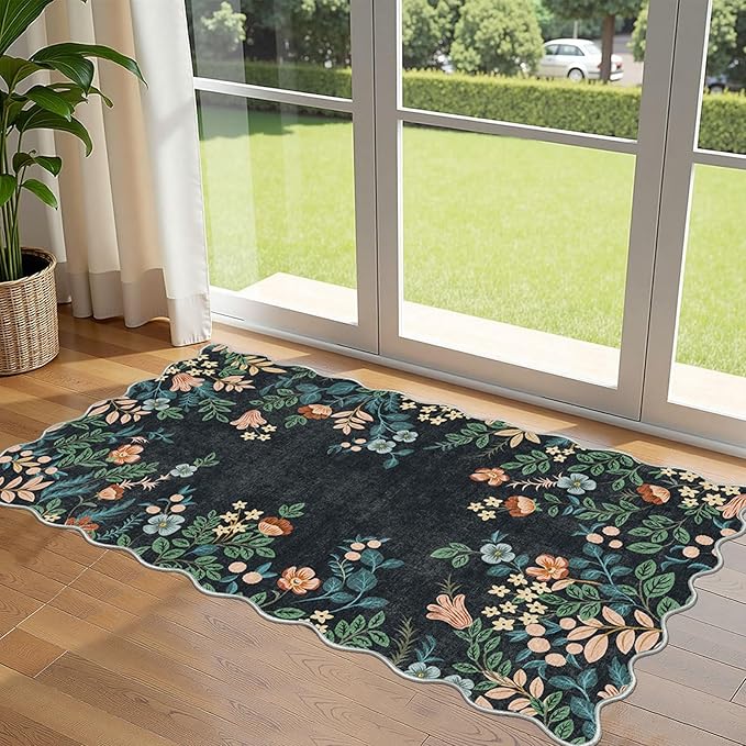 Outdoor Rug Non-Slip Boho Floral Door Mat, Black, 2 x 4.3 Ft