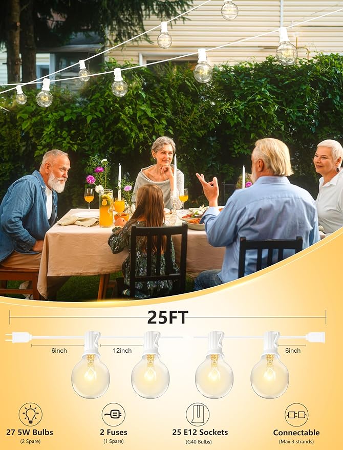Globe String Lights, 25 ft Outdoor Patio Lights with 25 Clear G40 Bulbs