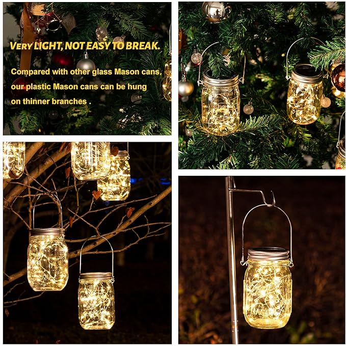 Lanterns, Clear Plastic Mason Jar Solar Lights, 8 Pack with Warm White LED