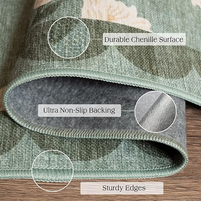 Outdoor Rug, Sage Green Floral Scalloped Edge, 2 x 3 ft