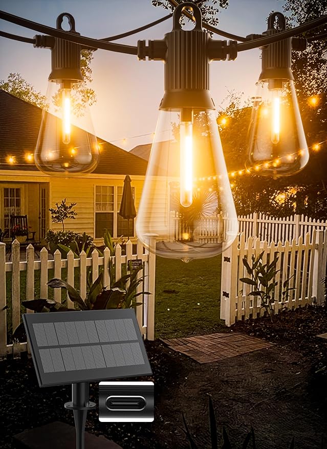 Solar String Lights 50FT Black Outdoor IP65 Edison Bulbs