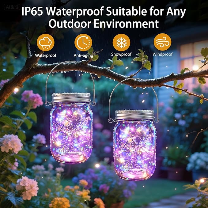 String Lights, 12 Pack Multicolor LED Solar Mason Jar Lights for Outdoor Use