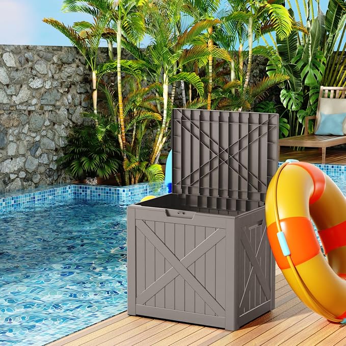 Deck Box, 30 Gallon Grey Resin Outdoor Storage with Lock