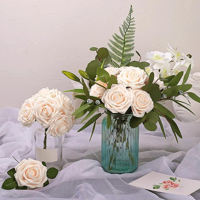 Artificial Flowers: 50 Champagne Rose Heads with Wire Stems, Foam