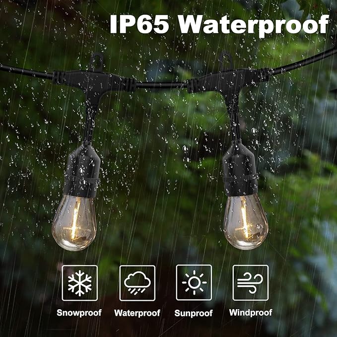 String Lights, 48 Ft Waterproof Outdoor Edison Bulbs, Warm 2200K