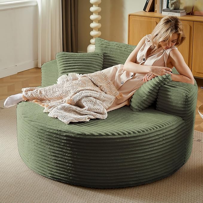 Oversized Round Chair Lounge Chaise Indoor, Upholstered Corduroy Deep Seat - Image 3