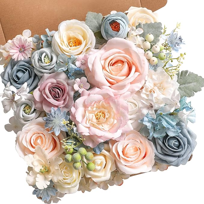 Artificial Flower Set in Blue and Pink, Faux Silk, 32 Heads and 40 Stems