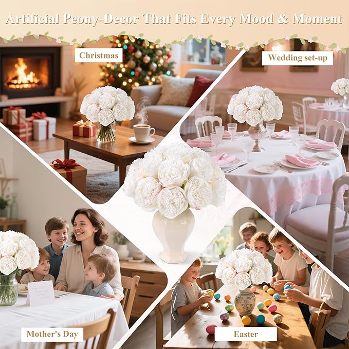Artificial Peony Flowers, 20 Heads, White Silk-Like Blooms for Home Decor