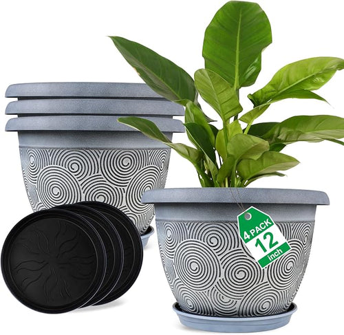 12 Inch Large Planter Pot for Plants Indoor Outdoor, 4 Pack Plastic Flower Pots by Fodetyff