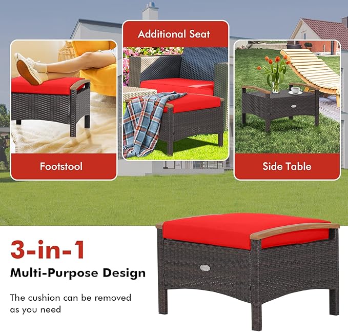 Tangkula 2 Piece Patio Rattan Ottomans, Outdoor Wicker Footstool w/Acacia Wood - Image 8