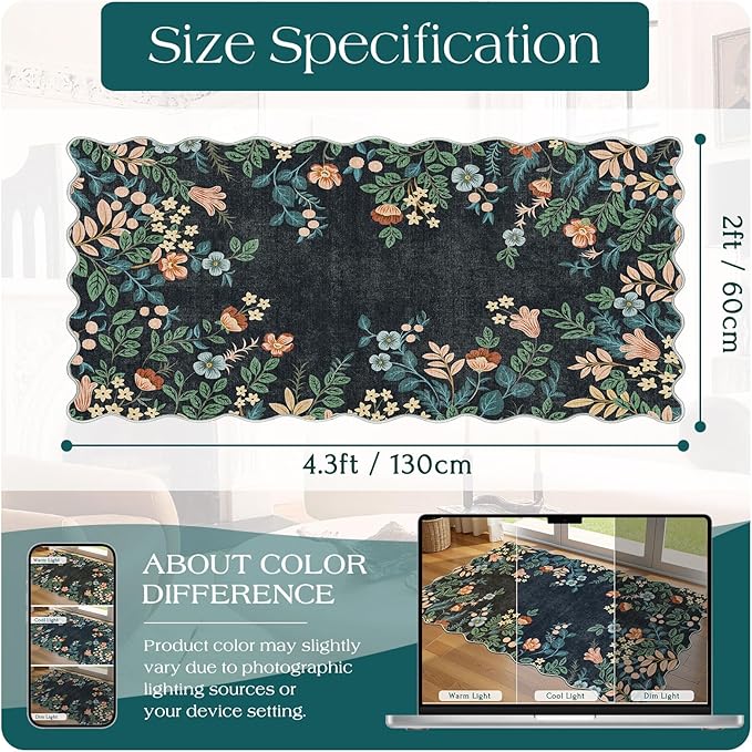 Outdoor Rug Non-Slip Boho Floral Door Mat, Black, 2 x 4.3 Ft