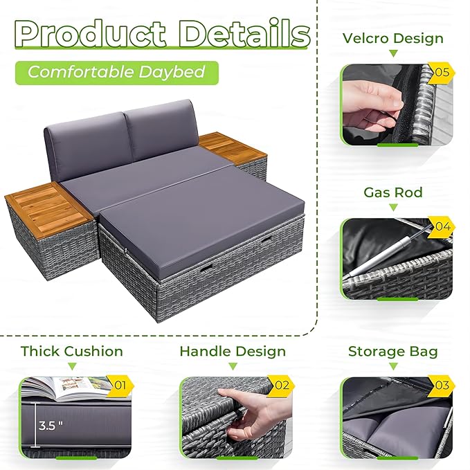 Greesum Outdoor Daybed Set Multifunctional Wicker Lounge Bed Furniture - Image 6