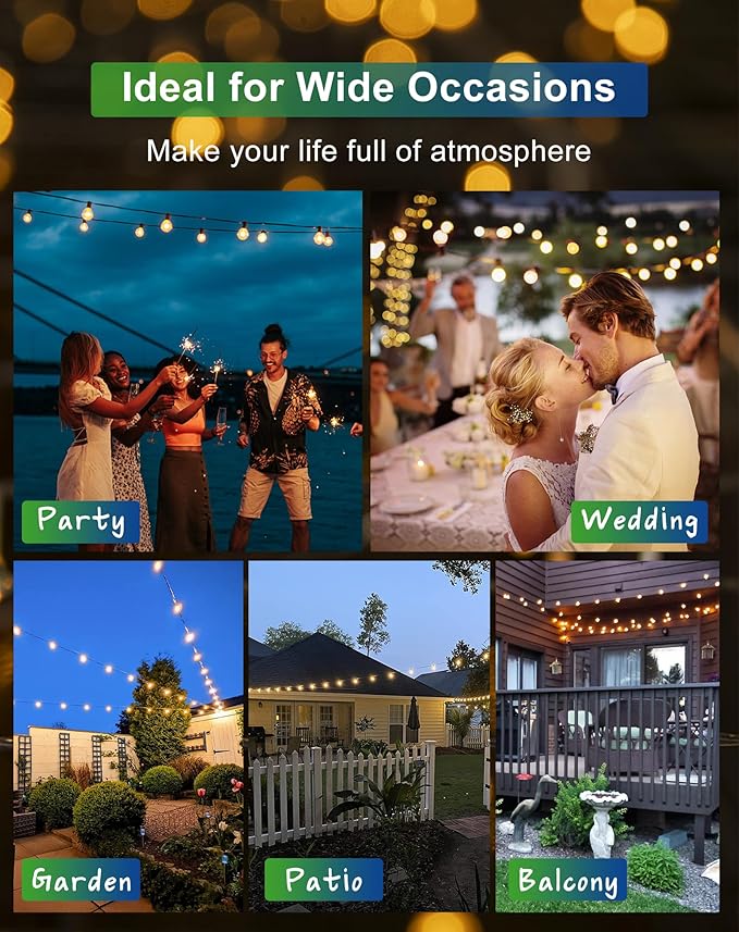 Solar String Lights 50FT Black Outdoor IP65 Edison Bulbs