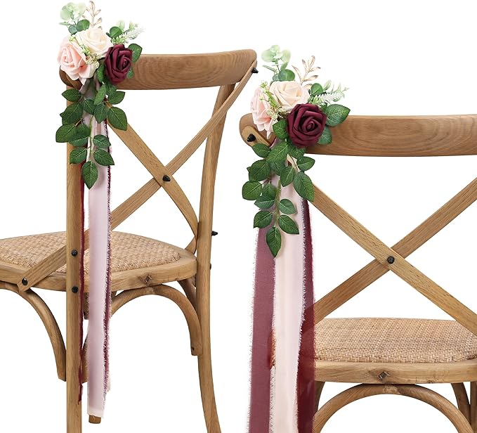 Artificial Flowers Wedding Chair Decor, Burgundy Roses, 10 Pack