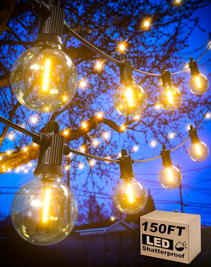 String Lights, 150 Ft Warm White LED with 75 Shatterproof G40 Bulbs