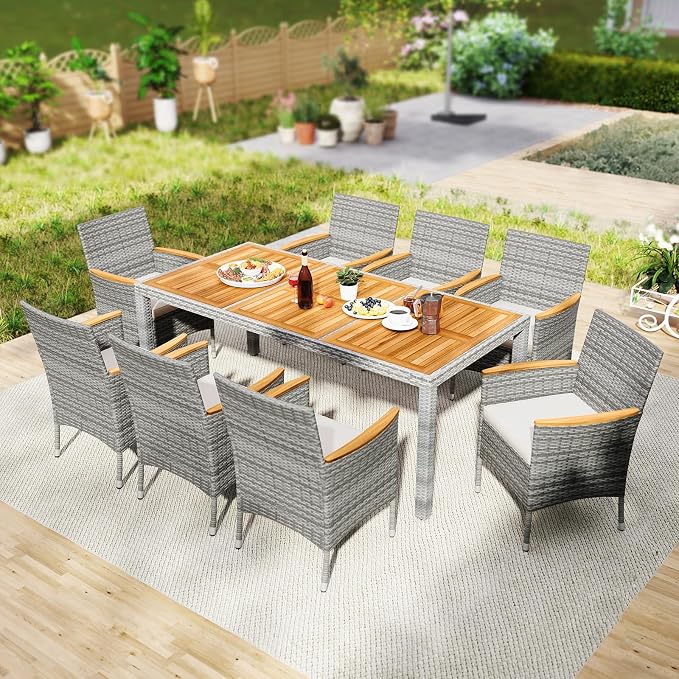 Tangkula 9 Pieces Patio PE Wicker Dining Set, Outdoor Acacia Wood Table and - Image 2