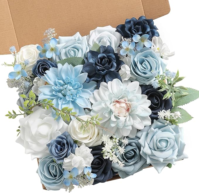 Artificial Flowers in Light and Navy Blue, Faux Silk and Foam Mix