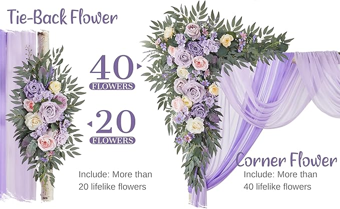 Artificial Flowers Lilac Silk Wedding Arch Decor Set, Sheer Drapes Included