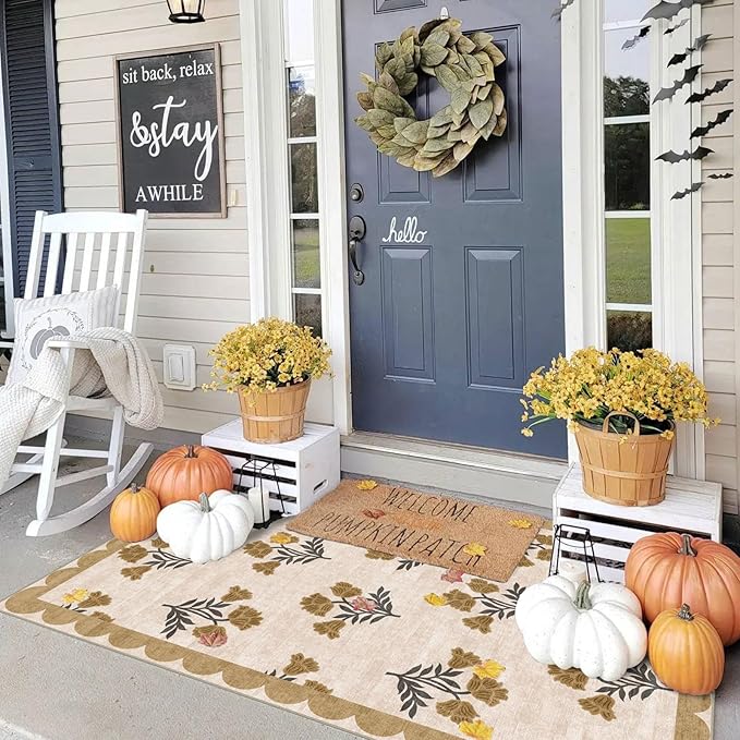Outdoor Rug, 3x5 Beige Floral Entry Mat, Machine Washable