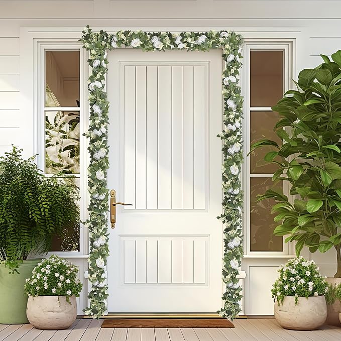 Artificial Eucalyptus Garland with Roses, 2-Piece Set, Green and White