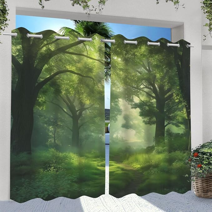 Forest Theme Outdoor Curtains for Patio Waterproof, Dawn Trees Jungle Pattern - Image 2