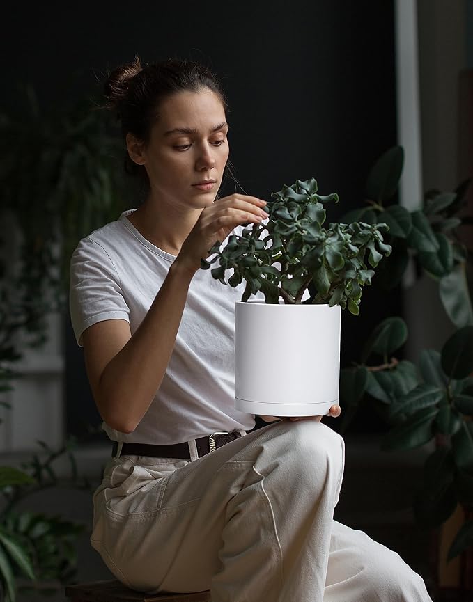 Planter Pots Set of 4, 6.5 Inch White Plastic with Drainage Holes and Saucers