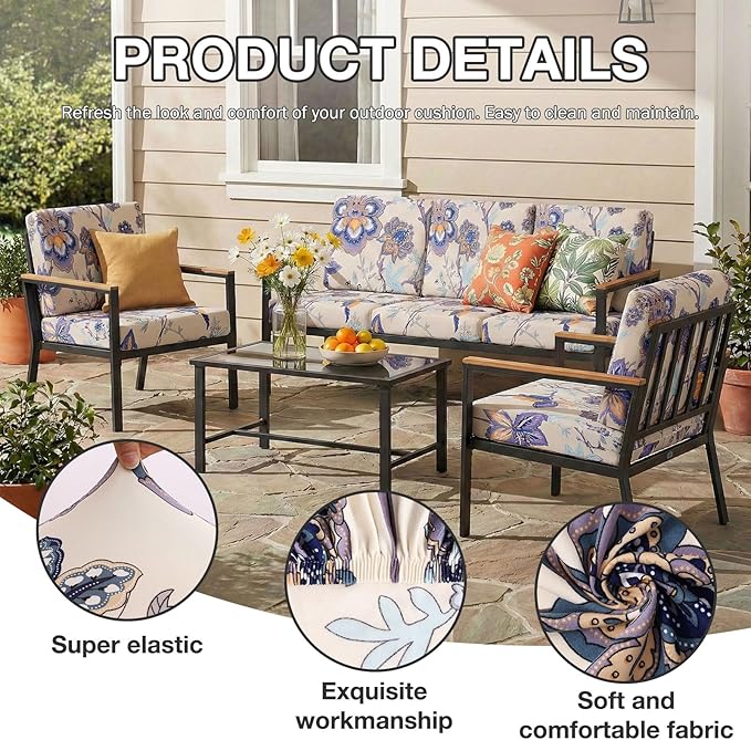Cushion Covers, 12-Piece Stretch Patio Set in Vintage Flower Print