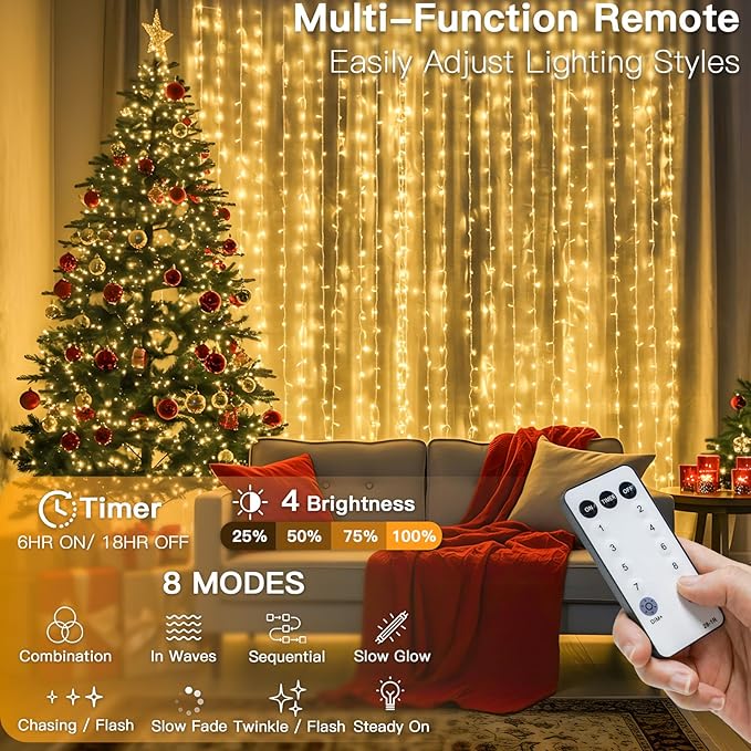 Curtain String Lights, 900 LED, Warm White, 8 Modes