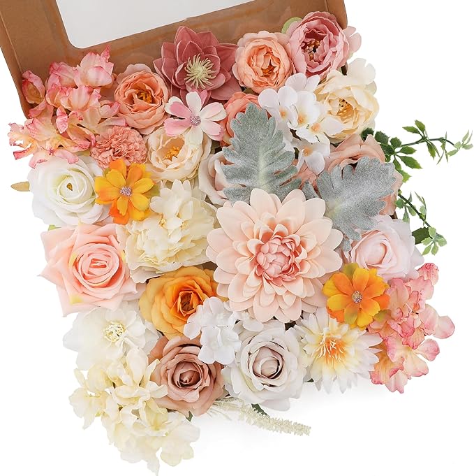 Artificial Flower Set, 26 Pcs Champagne Silk Flowers with Stems