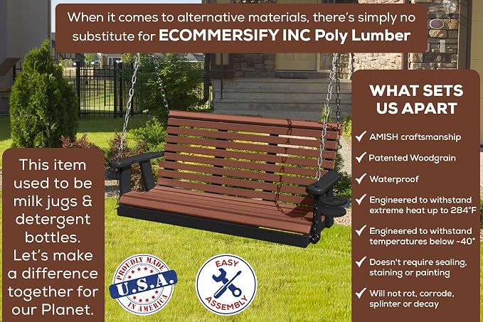 Poly Lumber Wood 4FT Porch Swing Amish Craftsmandship Made in USA HDPE - Image 3