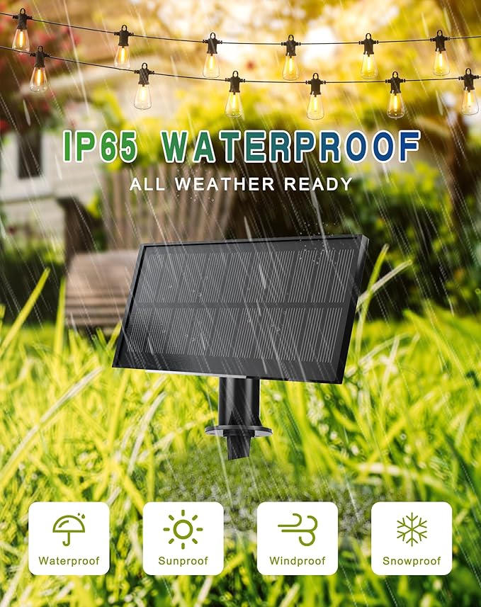 Solar String Lights 50FT Black Outdoor IP65 Edison Bulbs