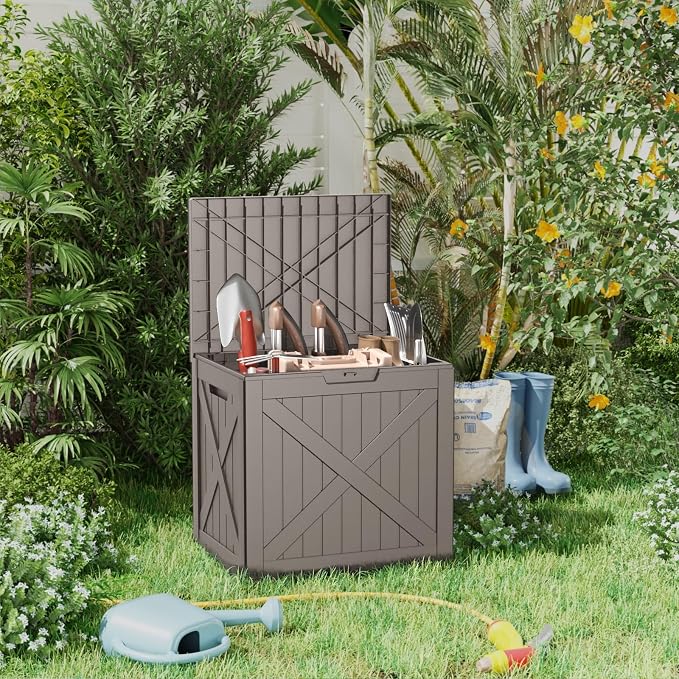 Deck Box 32 Gallon Grey Resin Waterproof Lockable Storage Bin