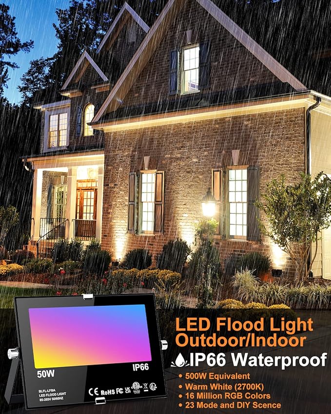 Flood Security Lights 4 Pack, 50W RGB Color Changing, IP66 Outdoor
