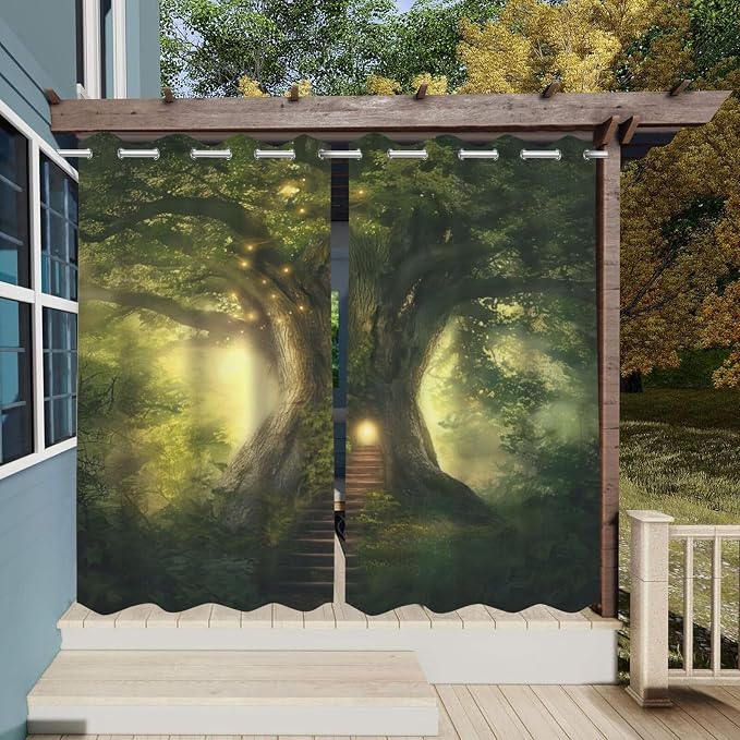 Outdoor Curtains, Waterproof Green Forest Print Grommet Panels, 2 Pack